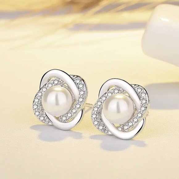 NWT S925 Silver Cubic Zirconia White Pearl Dainty Stud Earrings - Picture 7 of 10